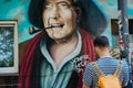 HAMBURG, GERMANY - JUNE 8, 2016: traveler in front of hans albers graffiti wall