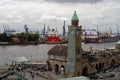 Hamburg, Germany - June 13, 2018: View at Port of Hamburg and shipyard named Blohm + Voss at daylight.