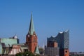 Hamburg, Germany 22 June 2022, The view of the Swedish Gustaf Adolfs Church with the Elbphilharmonie in the background