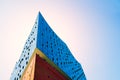 Hamburg, Germany - May 17, 2018: Corner or Edge of Elbphilharmonie. Wide angle - bright blue sky and sun light with Royalty Free Stock Photo