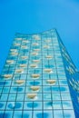 Hamburg, Germany - May 17, 2018: Elbphilharmonie, Close up shot of white oval windows and bright blue glass facade on Royalty Free Stock Photo