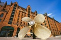 Hamburg, Germany - May 17, 2018: Giant four-blade ship propeller in front of the International Maritime Museum in Royalty Free Stock Photo