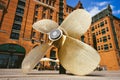 Hamburg, Germany - May 17, 2018: Giant four-blade ship propeller in front of the International Maritime Museum in