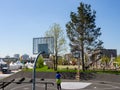 Hamburg, Germany - May 04, 2018: View at Basketball field at new Baakenpark in Hafencity, Hamburg.