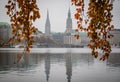 Hamburg, Germany - Nov 01, 2018: Foggy Hamburg Panoram. Alster, Rathhaus