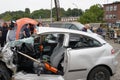 Open day demonstration of emergency rescuing people from damaged cars during traffic accidents