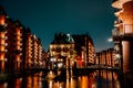 Hamburg, Germany. View of Wandrahmsfleet at dusk in light illumination. Located in Warehouse District -Speicherstadt