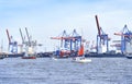 Hamburg harbor, birthday parade with various ships