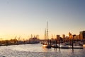 Hamburg harbor at sunset