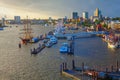 Hamburg harbor at sunset Royalty Free Stock Photo