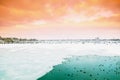 Hamburg, ice covered Aussenalster during winter