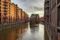 Hamburg landmark Wasserschloss. Historic Speicherstadt warehouse district along the canal at sunset. Germany.