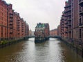 Hamburg landmark Wasserschloss. Old warehouses in Hafencity quarter in Hamburg.