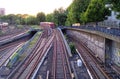 Hamburg main station at evening with railroad tracks train and tower clock picture was taken 10 July 2017