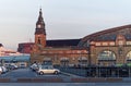 Hamburg main station at evening with railroad tracks train and tower clock picture was taken 10 July 2017