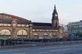 Hamburg main station at evening with railroad tracks train and tower clock picture was taken 10 July 2017