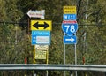 Hamburg, Pennsylvania, U.S - October 15, 2023 - The highway sign into Interstate 78 West, Blue Rock family campground and Hawk