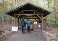 Hamburg, Pennsylvania, U.S - October 15, 2023 - The visitors near the entrance into Sanctuary Trails by Hawk Mountain