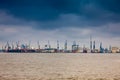 Hamburg port on a dark cloudy winter day Royalty Free Stock Photo