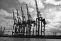 Hamburg port, shipyard, dry dock, ship, crane, black and white