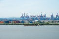 Hamburg port view. Elbe river landscape with container terminal