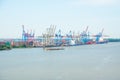 Hamburg port view. Elbe river landscape with sky. Royalty Free Stock Photo