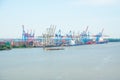 Hamburg port view. Elbe river landscape with sky.