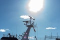 hamburg ship navigating bridge chimney fumes at docks of fishmarket details and blue sky