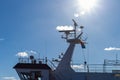 hamburg ship navigating bridge chimney fumes at docks of fishmarket details and blue sky