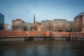 Hamburg Skyline from Speicherstadt warehouse district with Chilehaus and St. James Church - Hamburg, Germany