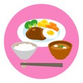 Hamburg steak and fried egg, rice, soup Royalty Free Stock Photo