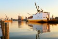 Hamburg, view on the Hansahafen with cargo ship, landma