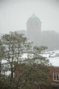 Hamburg in winter. Historical water tower. Vertical frame.