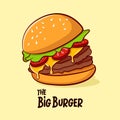 Delicious cheese hamburger flat vector illustration.