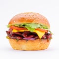 Hamburger with bacon slices and cheese on a white Royalty Free Stock Photo