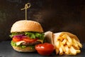 Hamburger with beef, french fries, sauces on a dark background. Fast food, burger Royalty Free Stock Photo