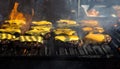 Hamburger being grilled over a wood fire