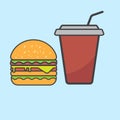 Hamburger and blue paper cup drink.