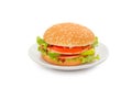 Hamburger with bologna and tomato on white dish Royalty Free Stock Photo