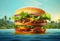 Hamburger or Burger with Cheese and Vegetables as Island in an Ocean Water extreme closeup. Generative AI