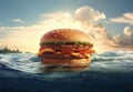 Hamburger or Burger with Cheese and Vegetables as Island in an Ocean Water extreme closeup. Generative AI