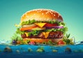 Hamburger or Burger with Cheese and Vegetables as Island in an Ocean Water extreme closeup. Generative AI