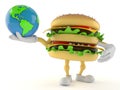 Hamburger character holding world globe