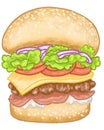 The hamburger with cheese, bacon, pickles, tomato, onions, lettuce, Beef and Sauce, Hand drawn pastel and chalk illustration