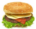 Hamburger with cheese, bacon, pickles, tomato, onions and lettuce isolated Royalty Free Stock Photo