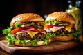 Hamburger. Cheese burger - American cheese burger with Golden French fries and ketchup. Big tasty hamburger with meat, cheese. Royalty Free Stock Photo