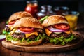 Hamburger. Cheese burger - American cheese burger with Golden French fries and ketchup. Big tasty hamburger with meat, cheese. Royalty Free Stock Photo