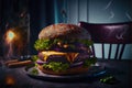 a hamburger with cheese and lettuce on a plate with a fork and a candle in the background with a lightning effect in the Royalty Free Stock Photo