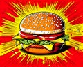 Hamburger with Cheese and Lettuce on a Red Background with Halft