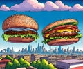 Hamburger and cheeseburger flying lile UFOs over the city Royalty Free Stock Photo